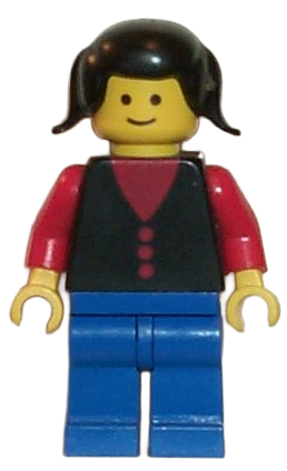 Shirt with 3 Buttons - Red, Red Arms, Blue Legs, Black Pigtails Hair